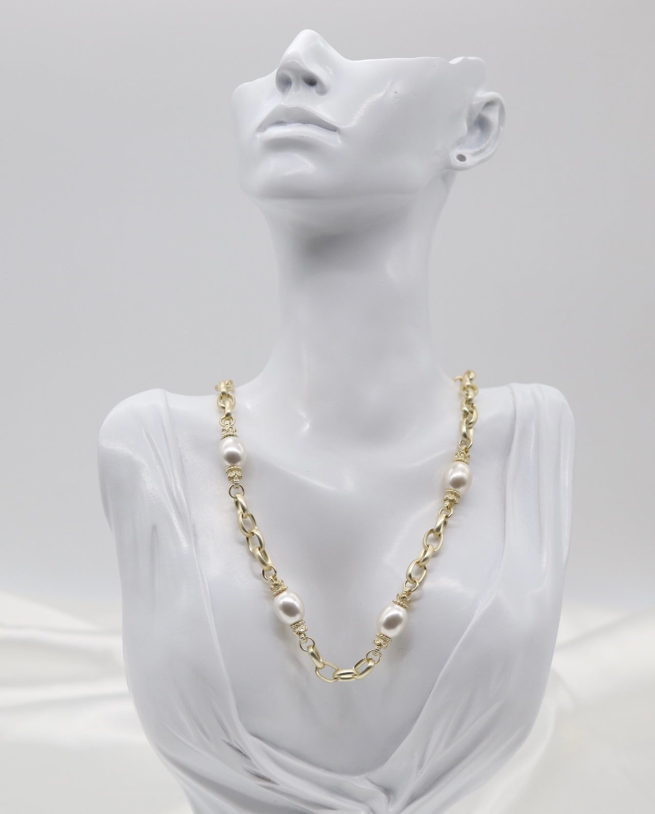 16 inch - Gold Matted Chain Necklace With Pearl Stations