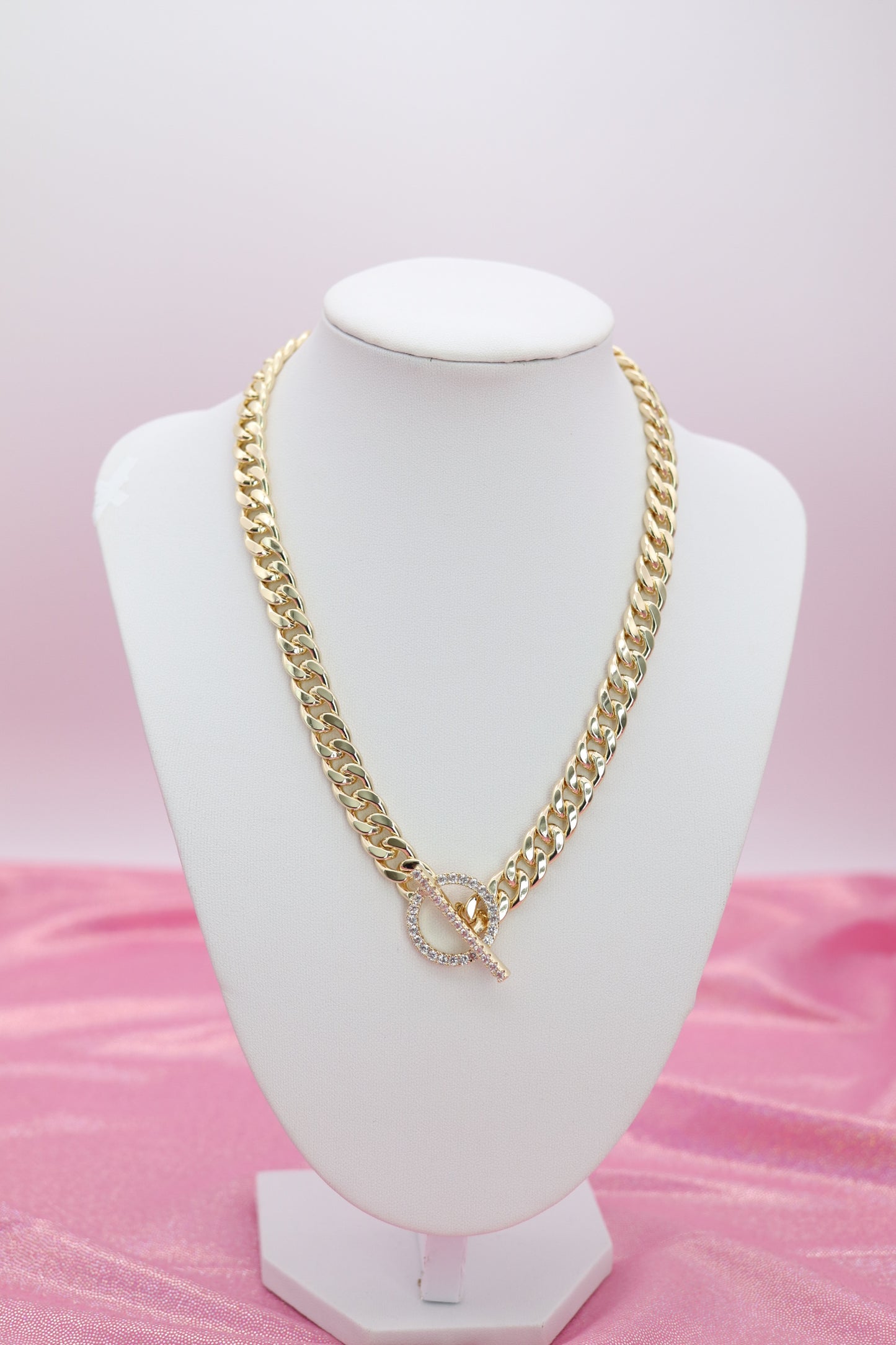 Curb Chain CZ Pave Toggle Necklace Gold