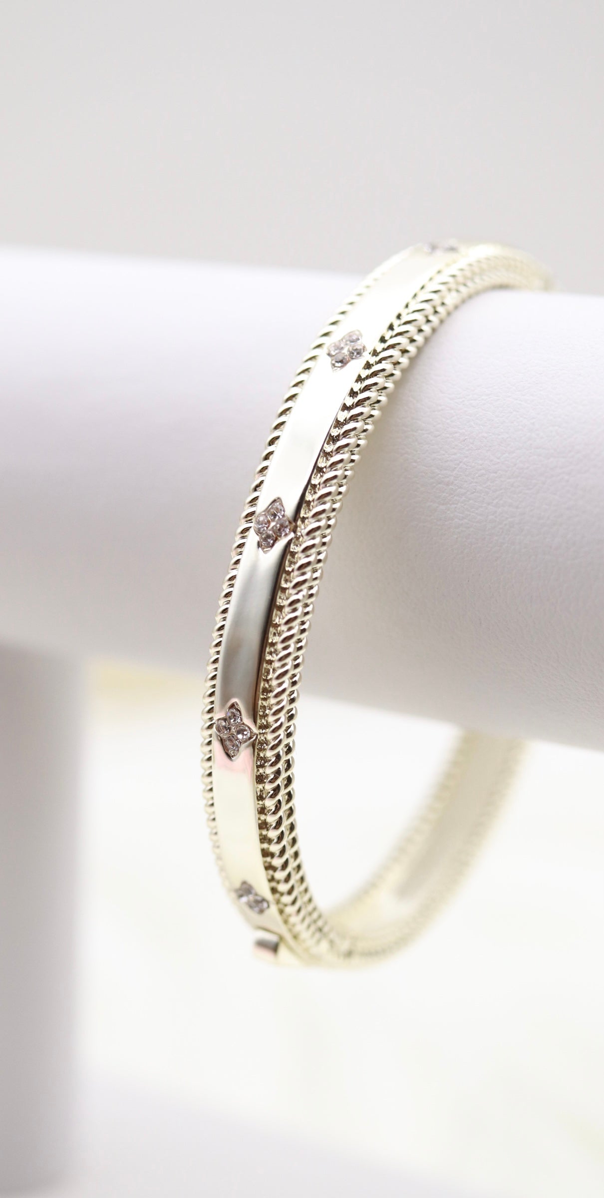 Gold Hinge Bangle Bracelet With Trim CZ Clover Stations