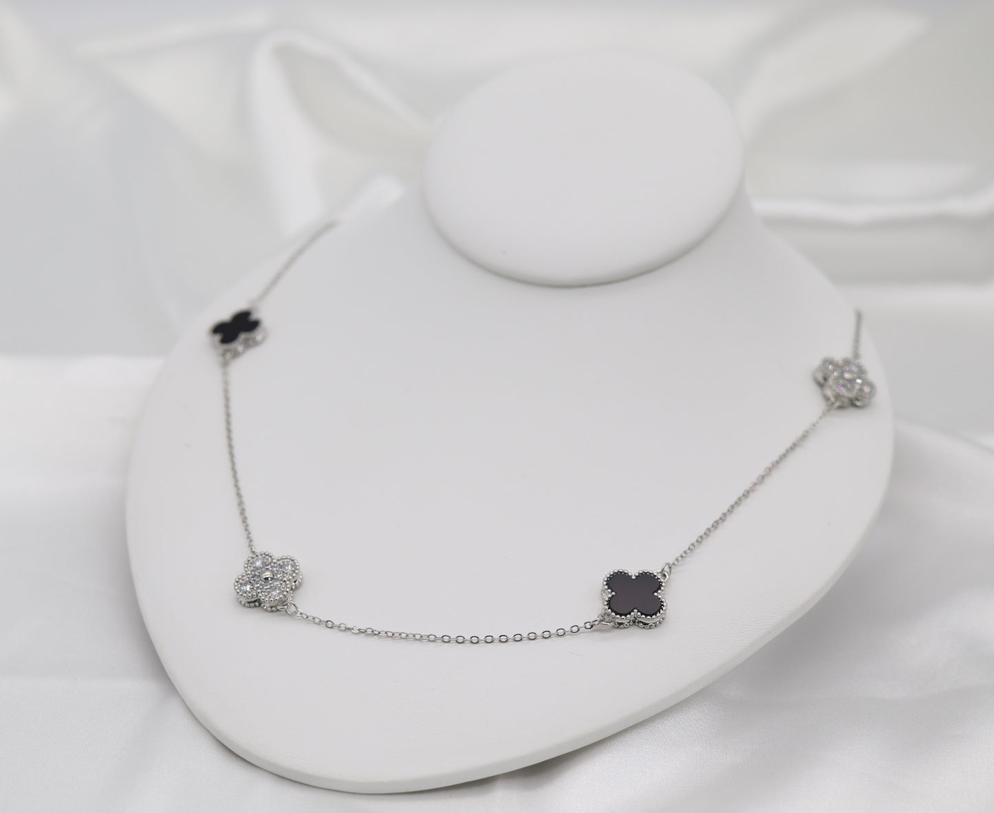 Black and CZ Clover Stations Silver Necklace