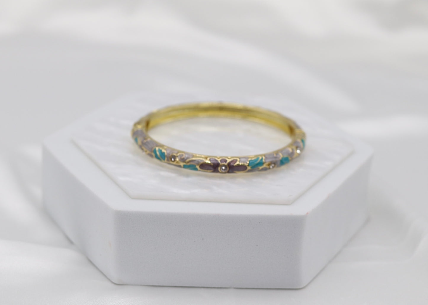 Thin Light Purple With CZ Station Enamel Hinged Bangle Bracelet