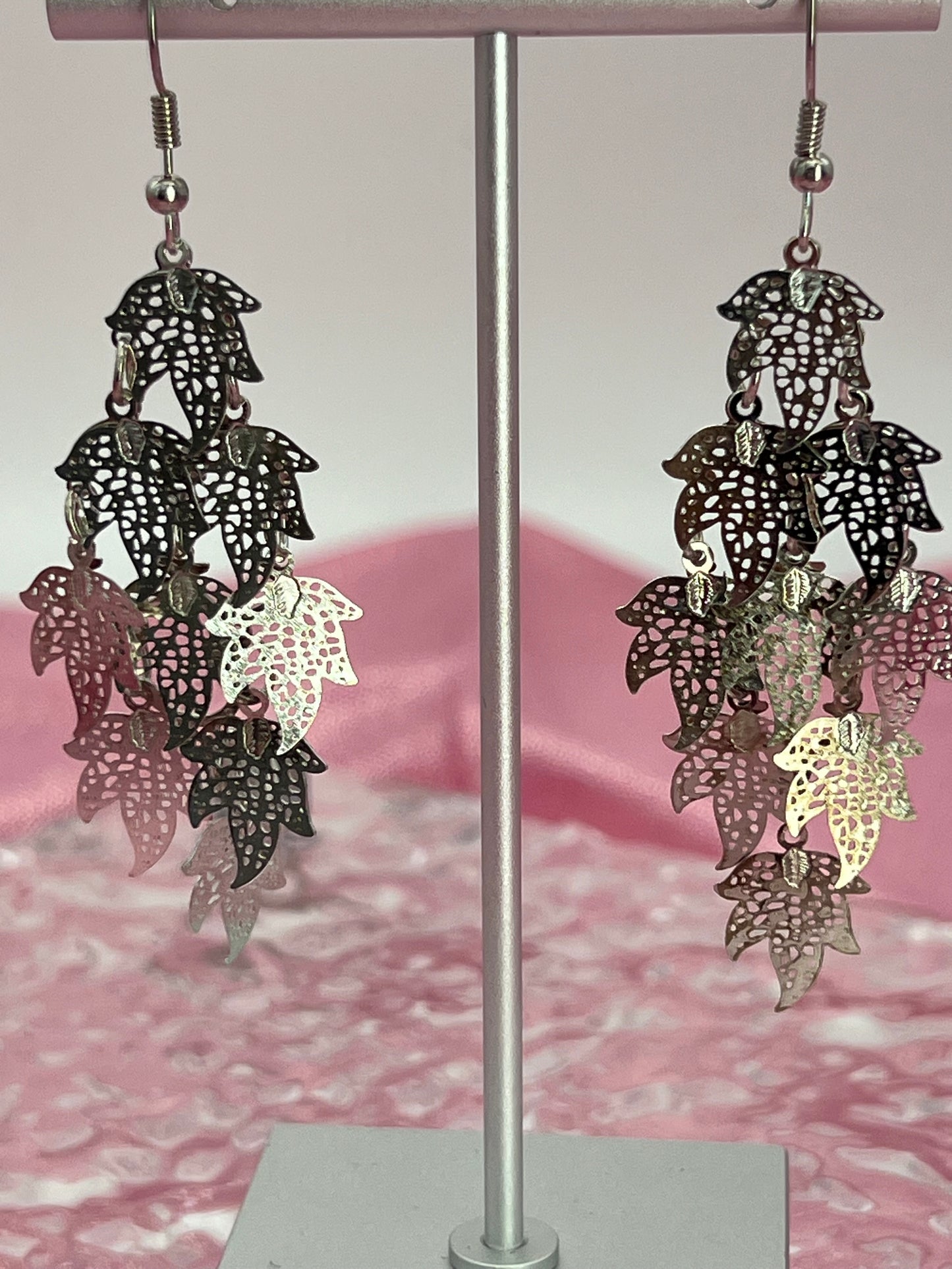 Bohemian Multi Layered Filigree Maple Leaves Dangle Drop Long Statement Earrings, Silver