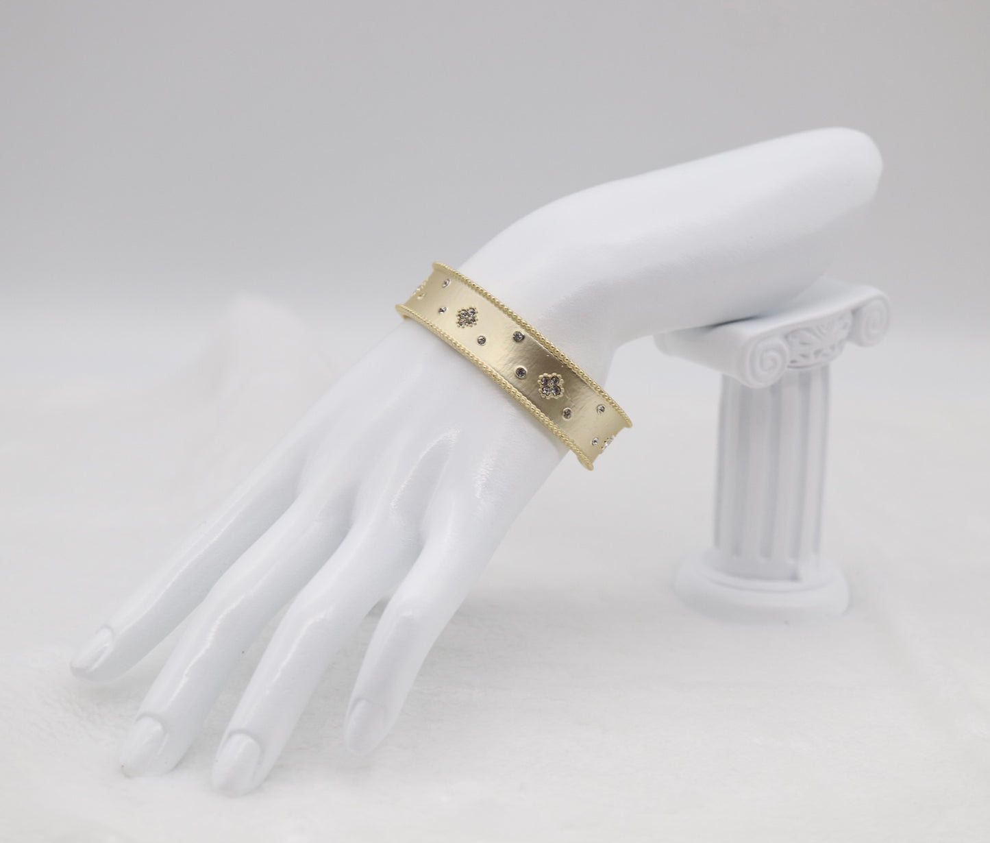 Gold Cuff Bracelet with Delicate Crystal Accents and Milgrain Edges