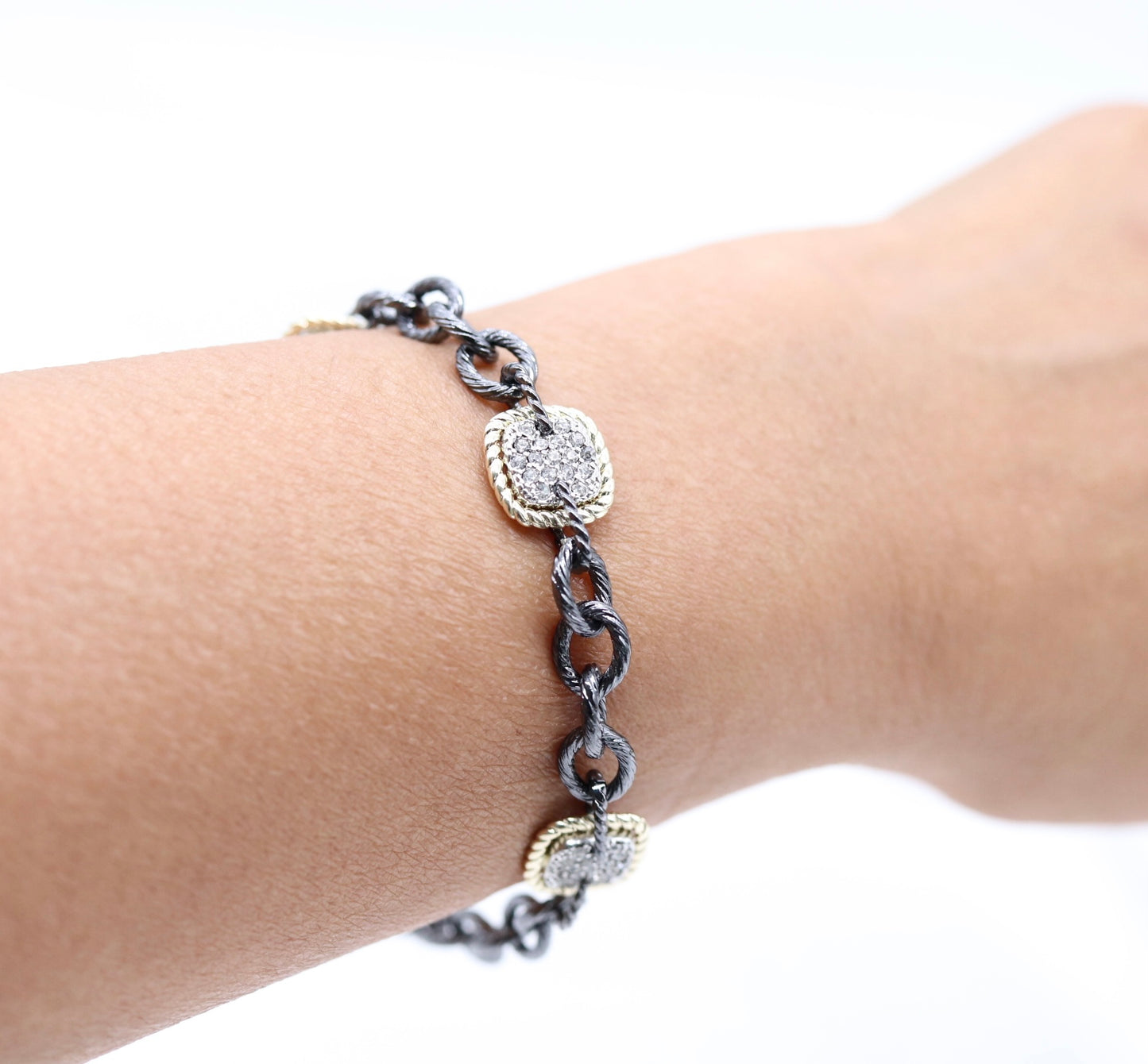 Rustic Black Circle Link Bracelet with Square CZ Stations