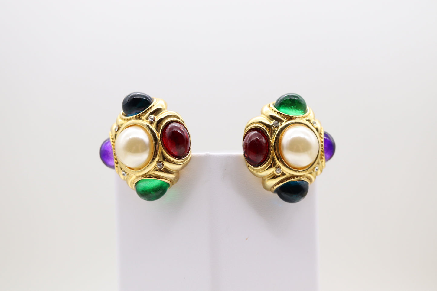 Matte Gold Square Clip-On Earrings with Multi-Colored Stones