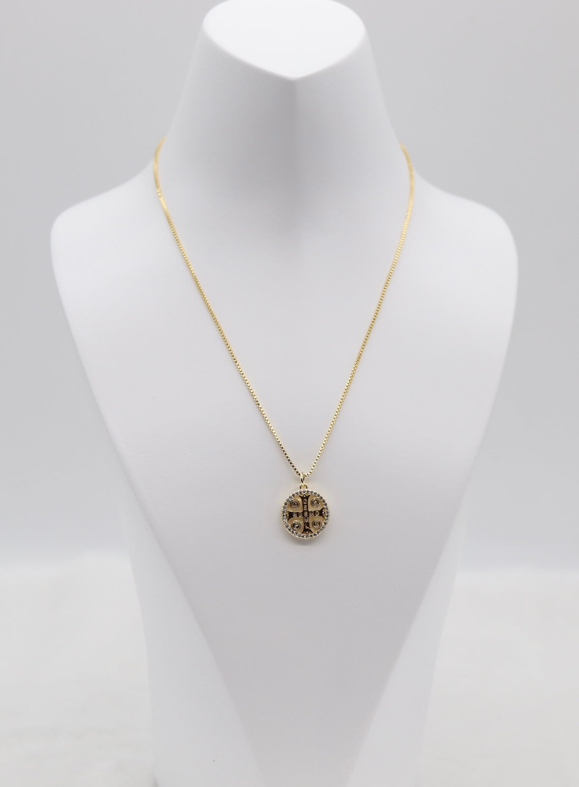 Gold Cross Medallion Necklace – Crystal Accent Round Pendant