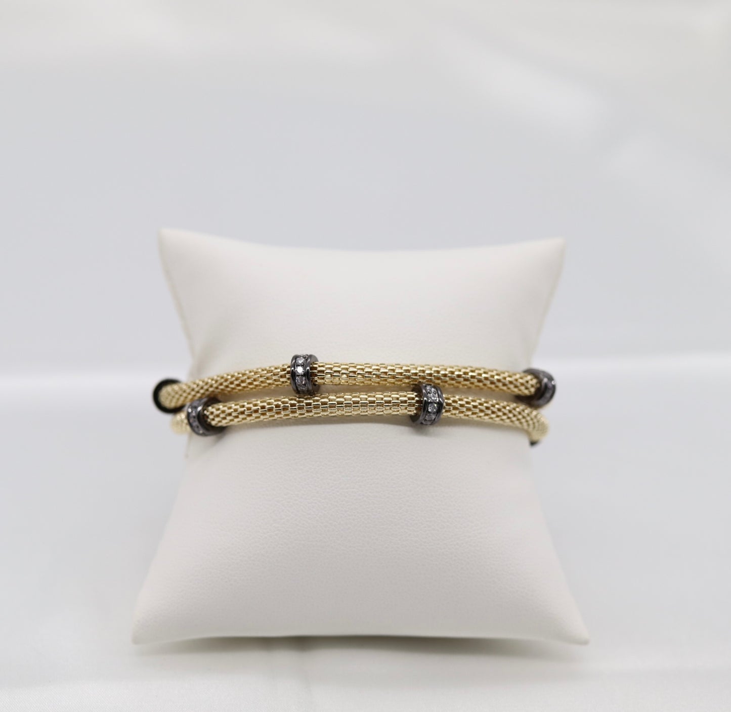 Gold Mesh-Chain Bracelet with Round Black Trim CZ Stations