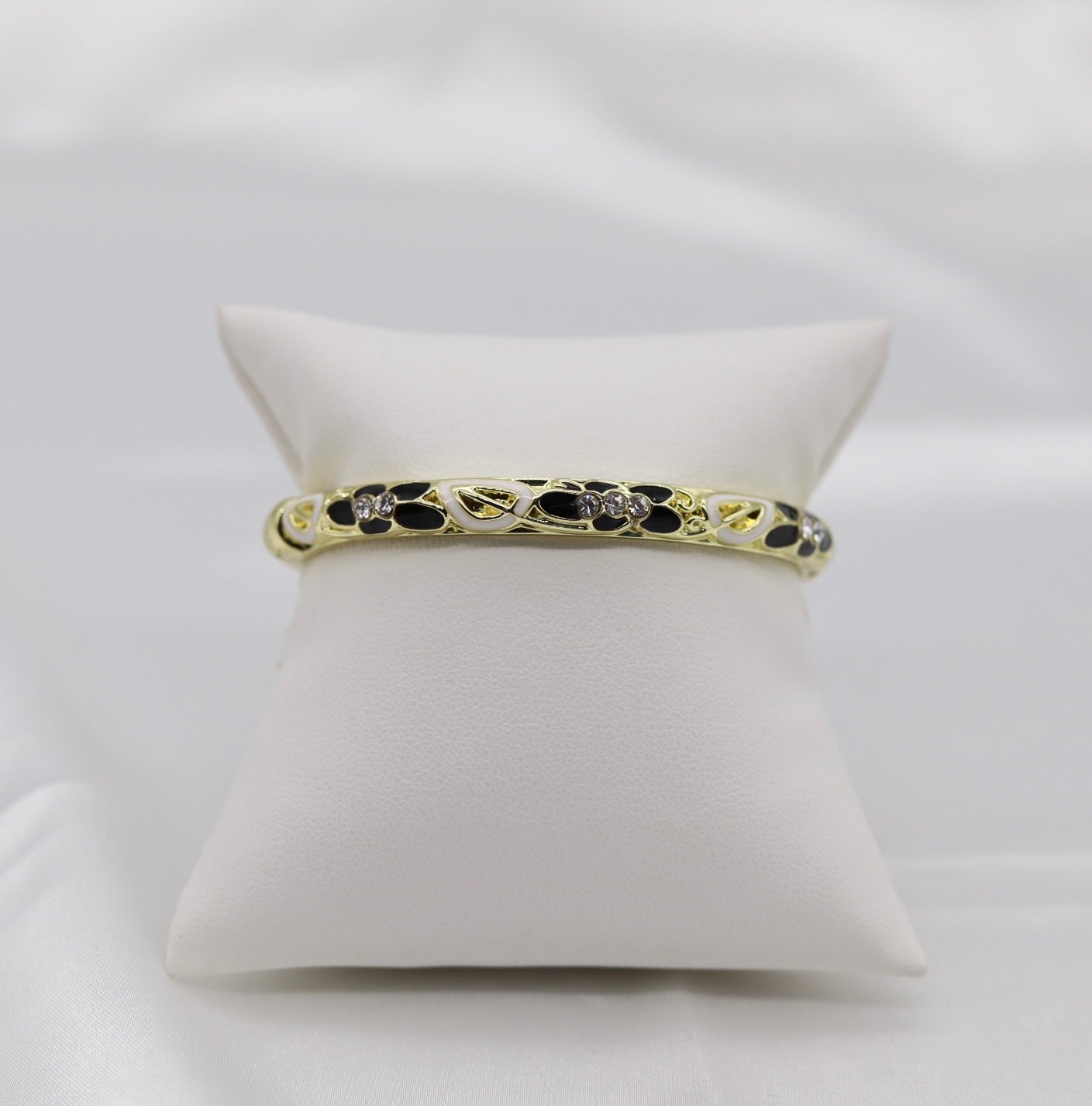 Thin Black and White With CZ Station Enamel Hinged Bangle Bracelet