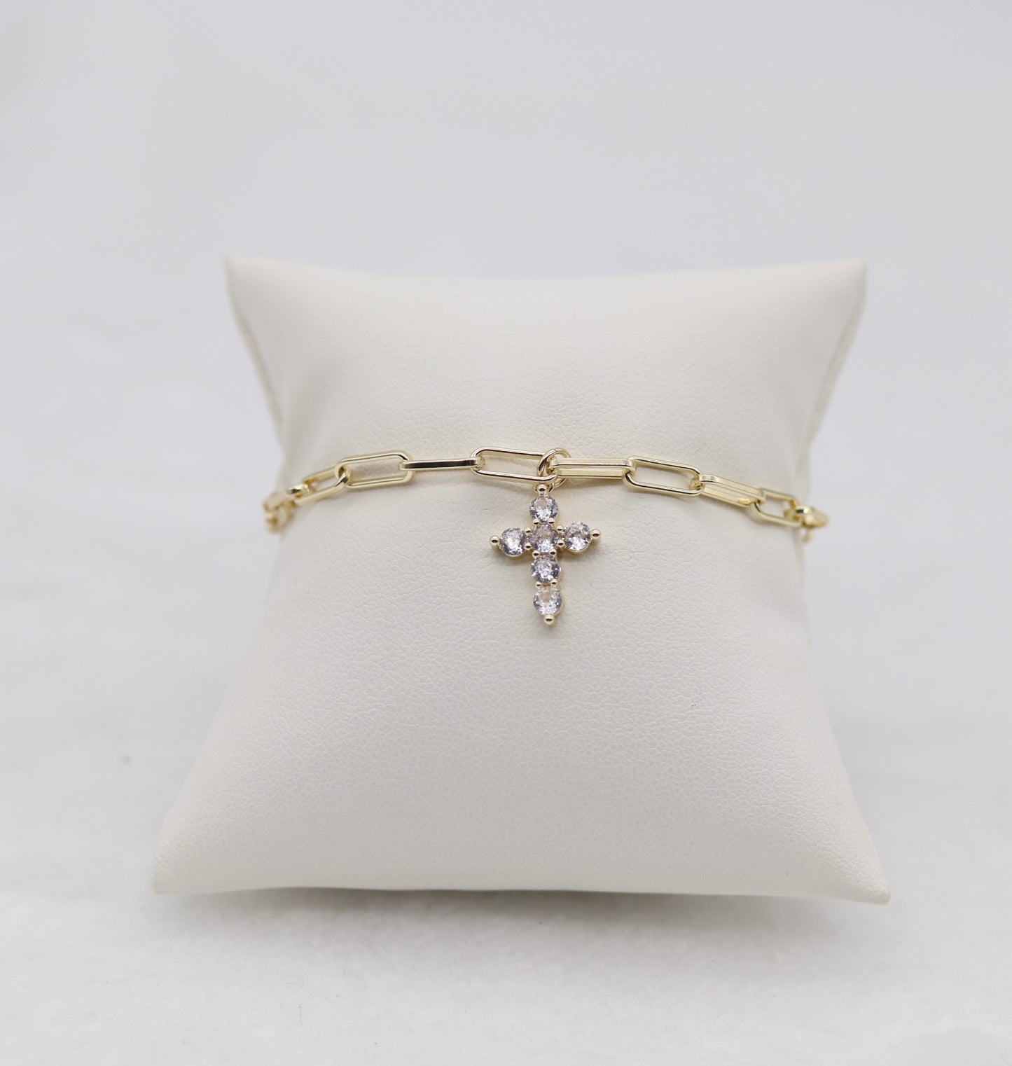 Gold Paperclip Chain Bracelet with CZ Cross Charm
