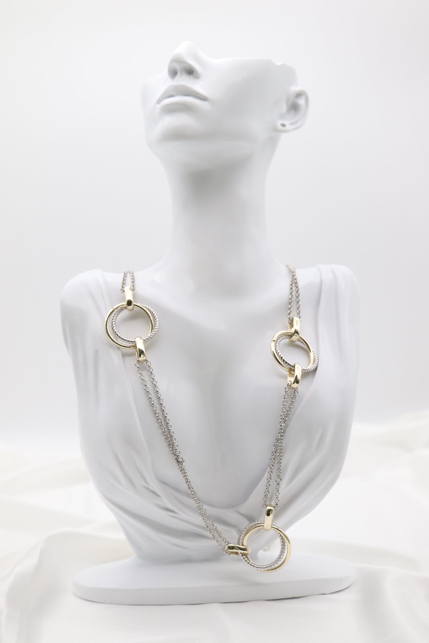 Gold & Silver Cable Floating Dig Circle Double Belcher Necklace