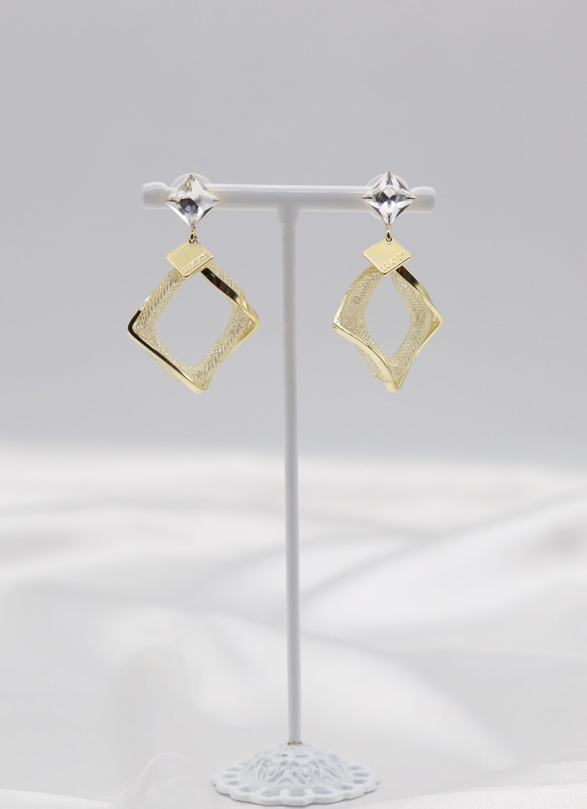 Geometric Textured Gold Drop Earrings with Crystal Studs