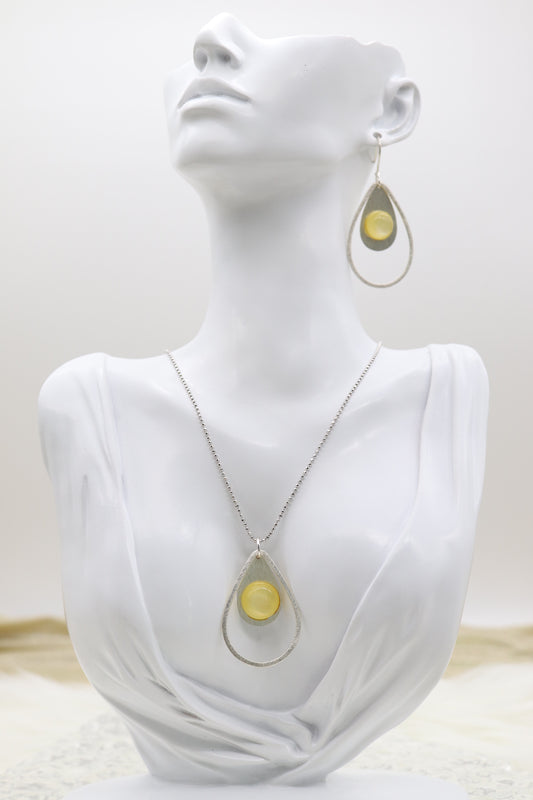 Silver Beaded Necklace With Yellow Acrylic Teardrop Dangling Pendant