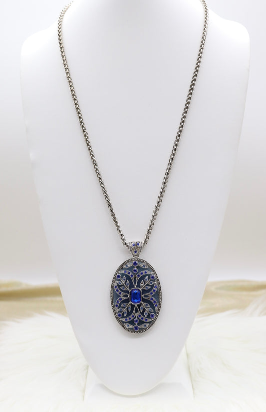 Enameled Renaissance Style With Fine Navy Blue CZ Pendant Oval Necklace With Matching Clip On Earrings
