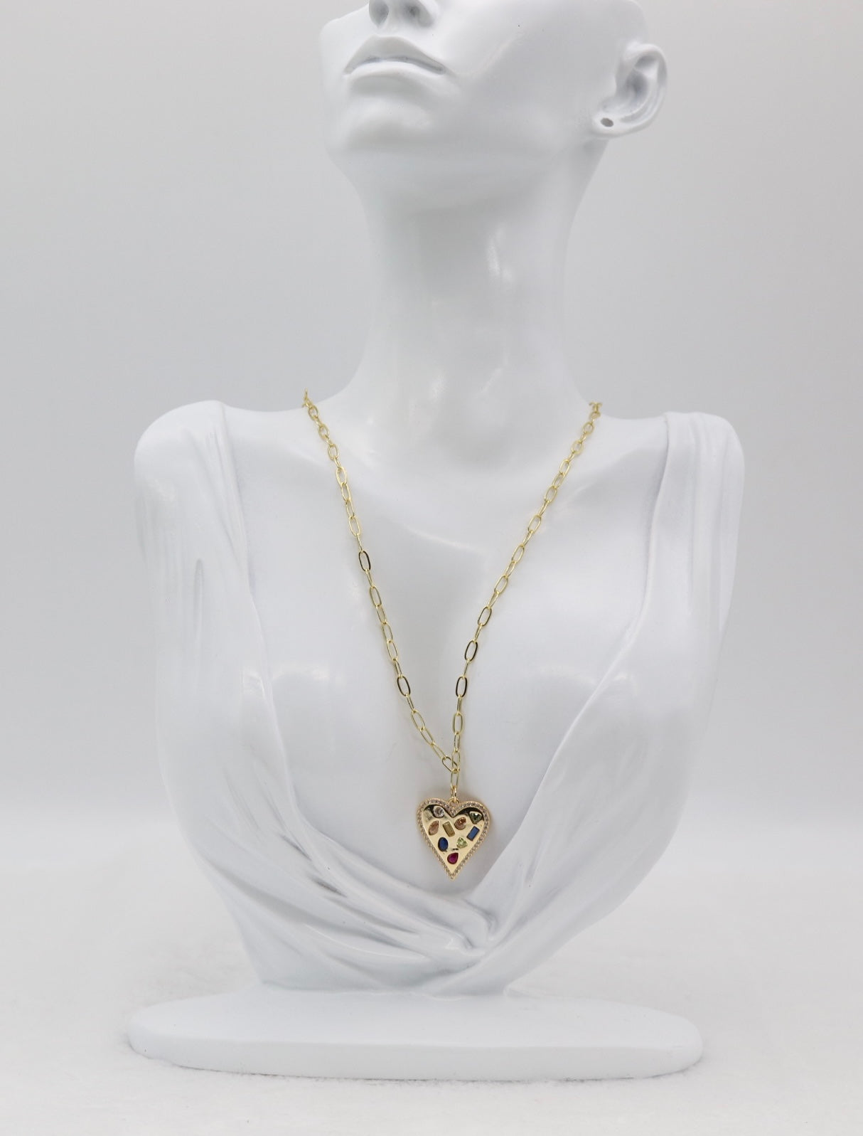 Gold Heart Pendant Necklace – Multi-Gemstone Mosaic Design