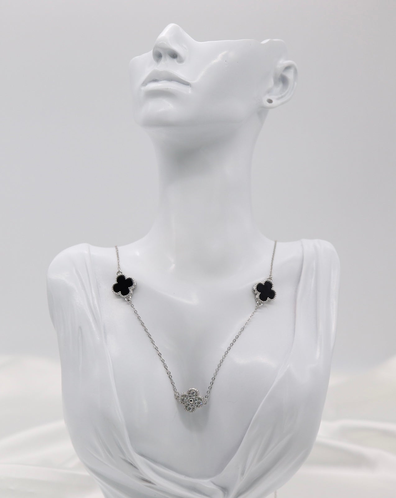 Black and CZ Clover Stations Silver Necklace
