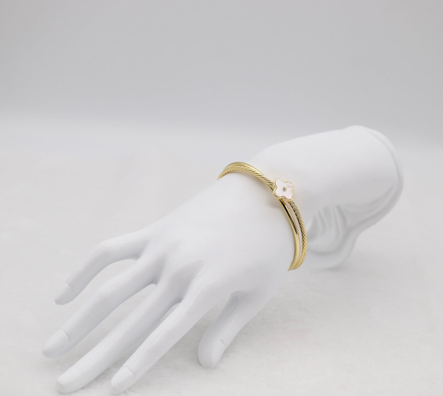 Gold Cable Cuff Bracelet with Mother-of-Pearl Clover
