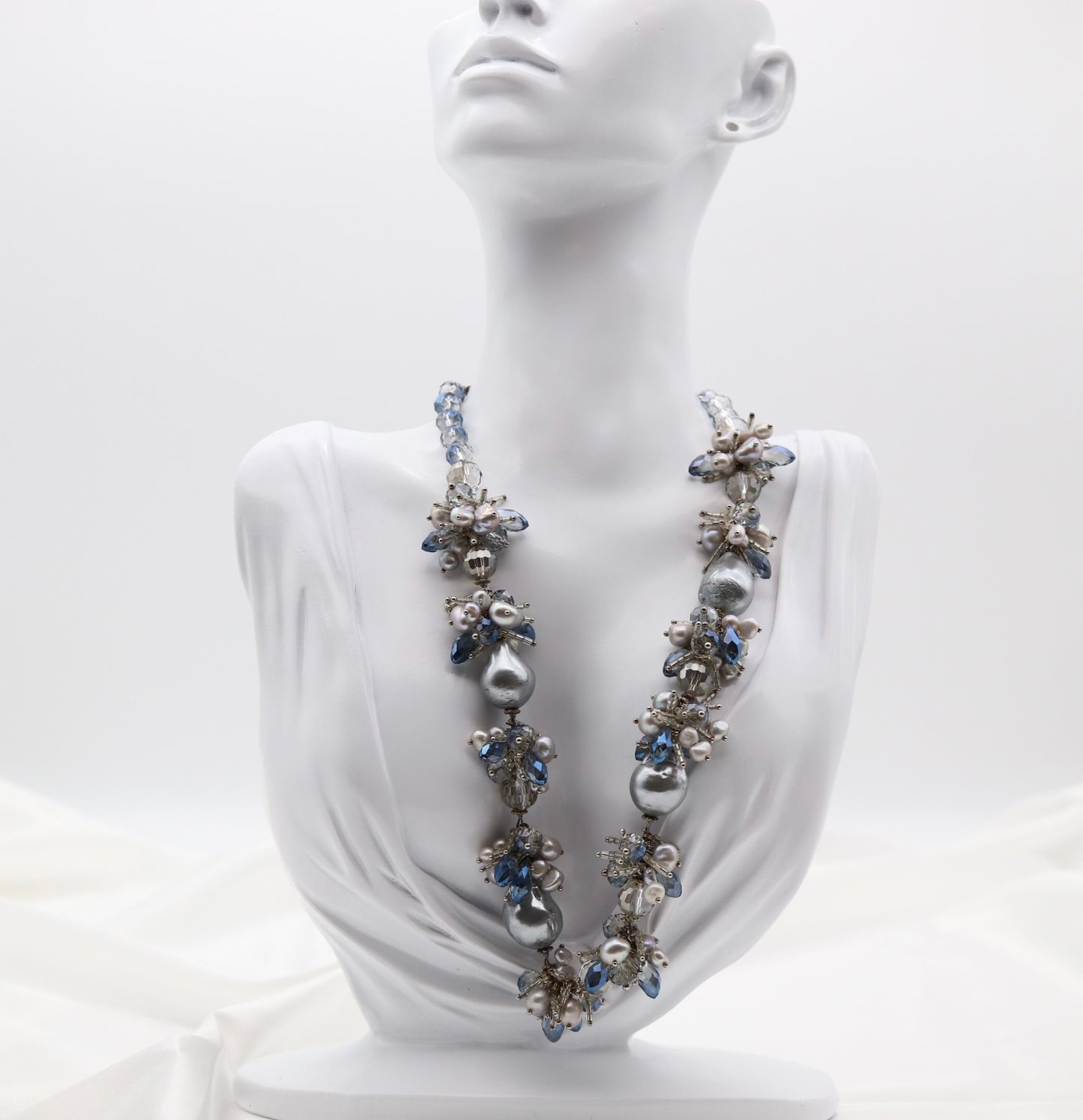 Faceted Blue Crystals With Light Blue Pearls Necklace
