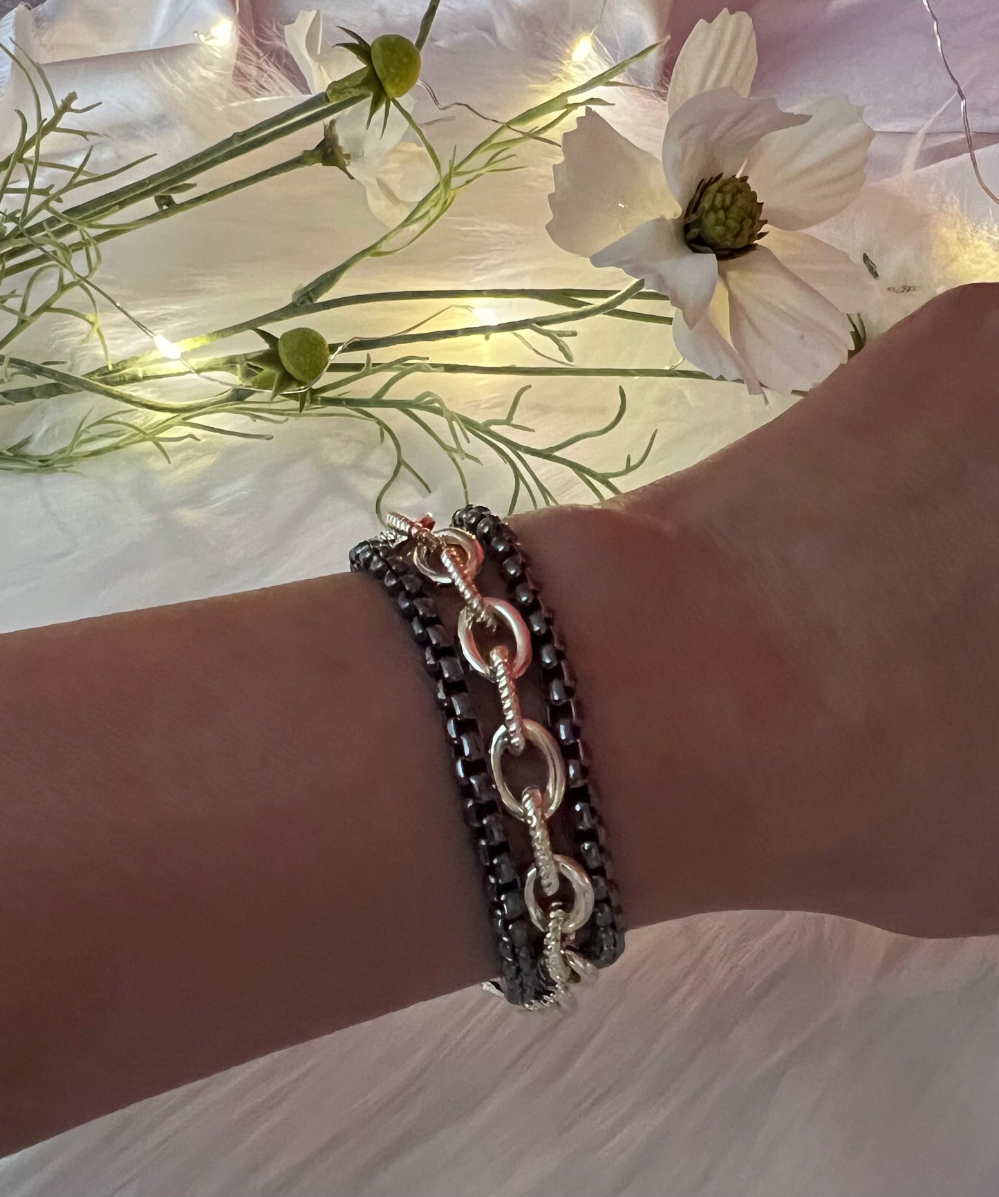 3 Layered Gold Paperclip and Black Box Chain Bracelet