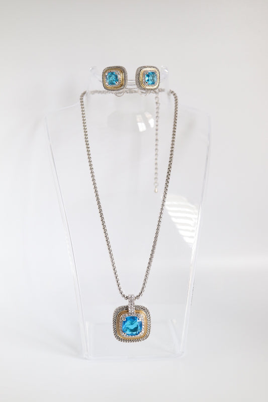 Aquamarine Square Necklace with Matching Earrings