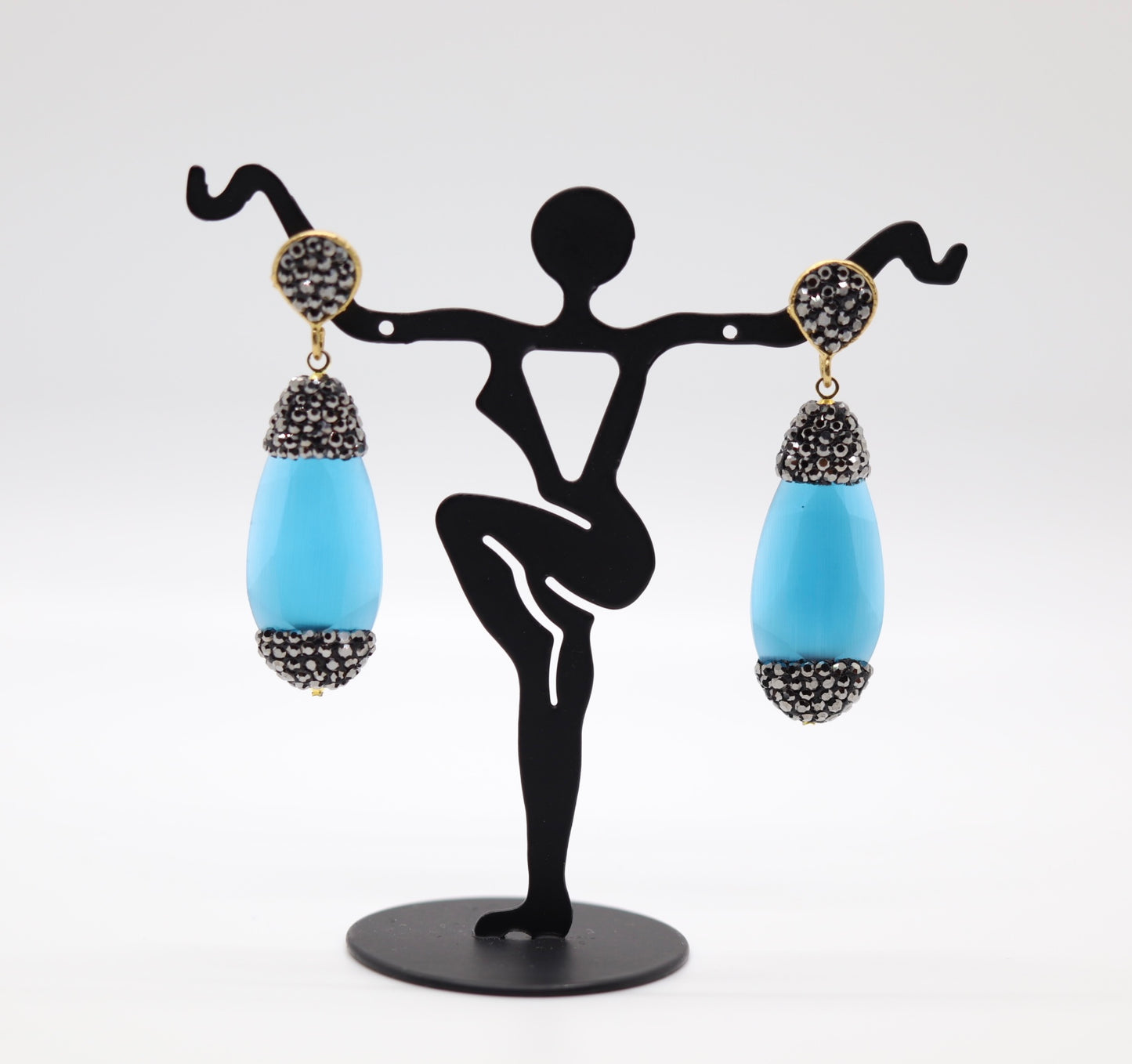 Black Cubic Zirconia Composite w/Aquamarine Dangling Earrings