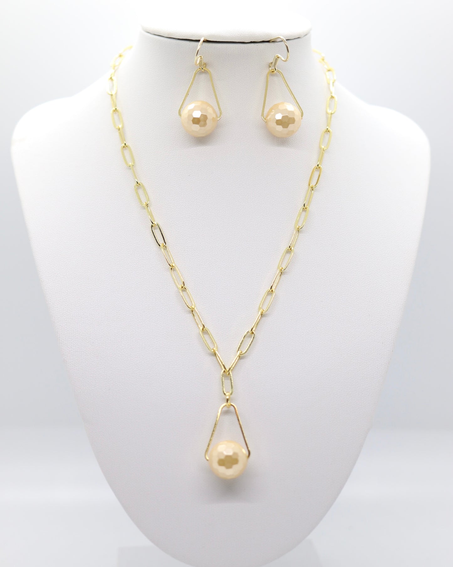 Gold Paperclip Chain with Gold Pearl Pendant and Gold Chain Pearl Earrings
