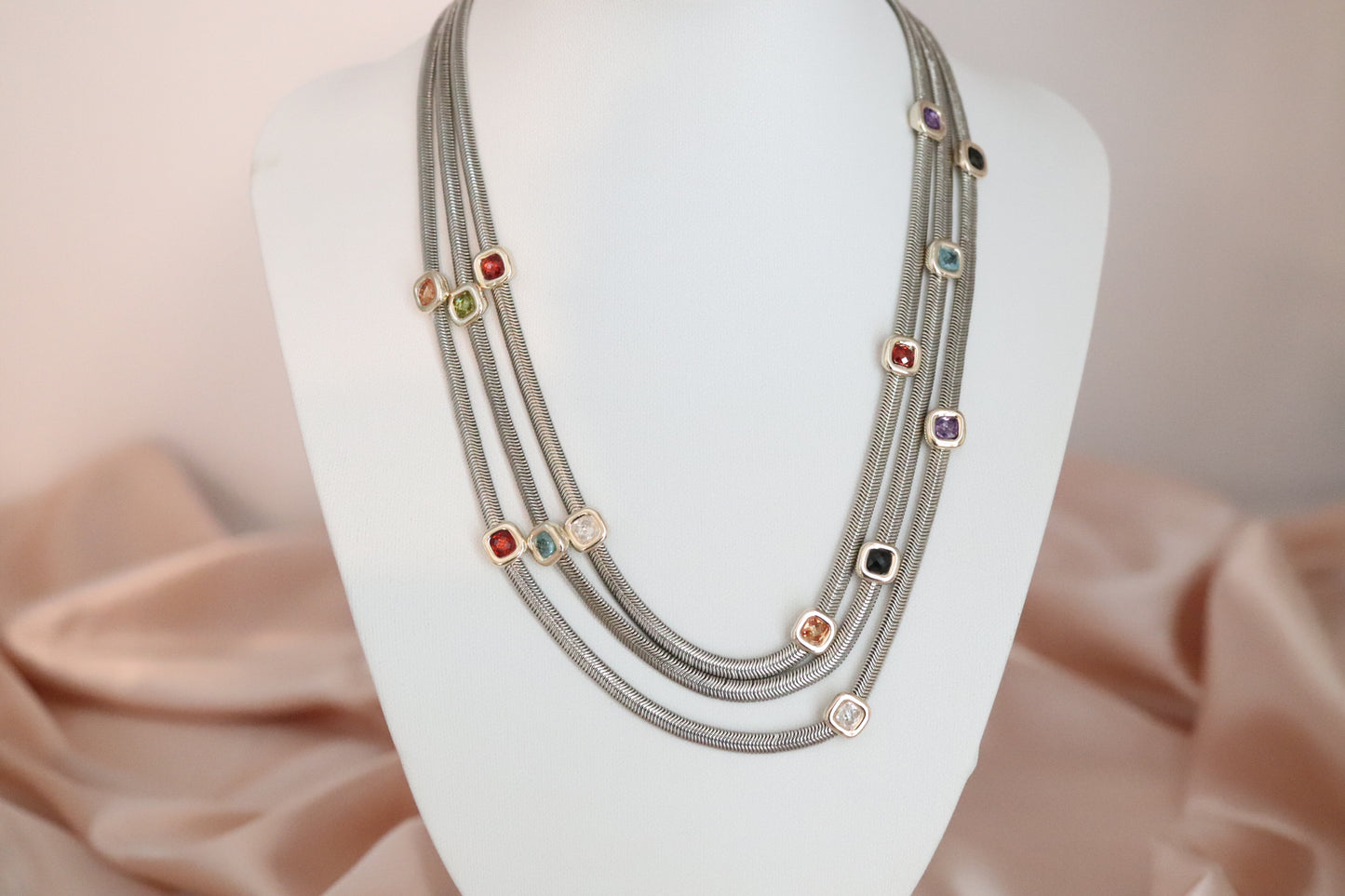 Triple Layered Snake Necklace With Various Stone Stations