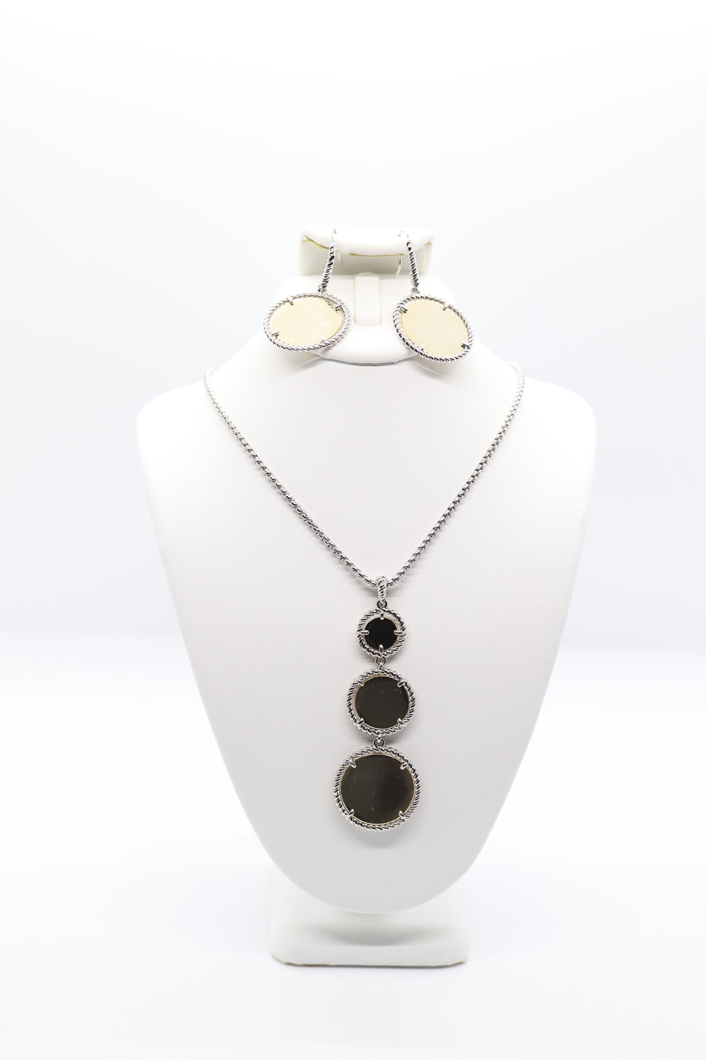 Elegant Silver Necklace with 3 layered Hoops with Black Center Stones and with Matching Earrings