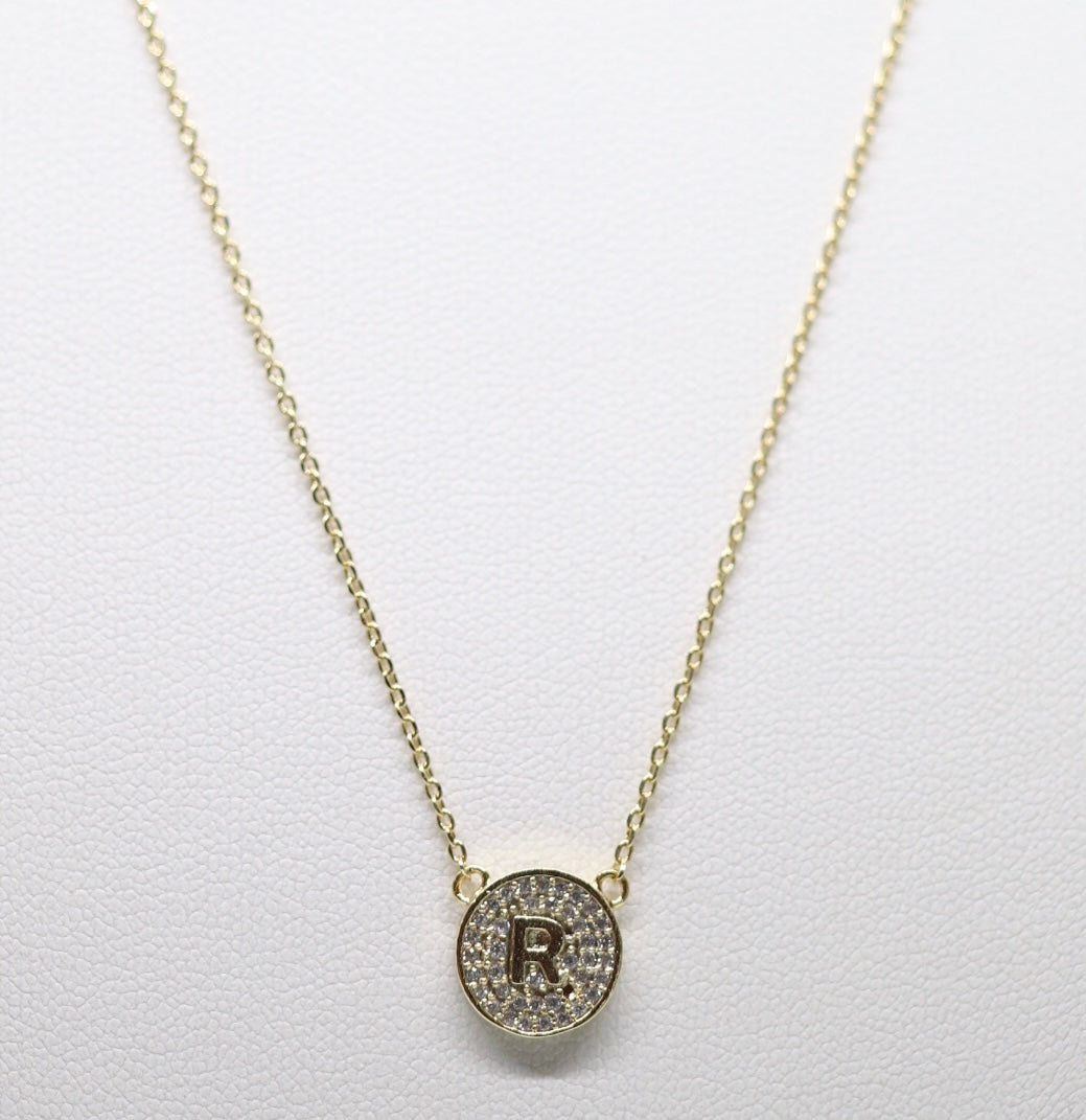 Gold Micropave Initial Necklace w/Vertical Display (R)