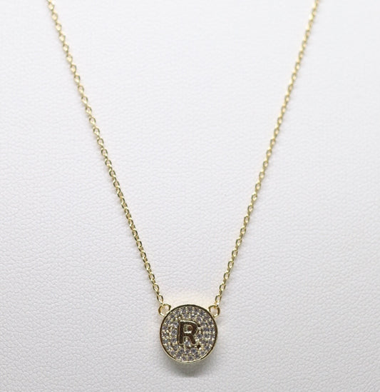 Gold Micropave Initial Necklace w/Vertical Display (R)