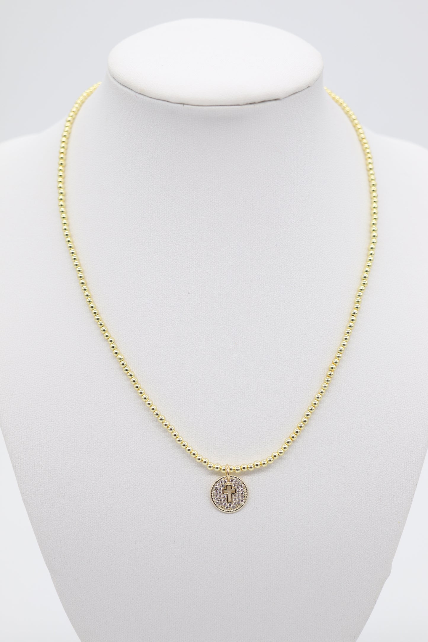 Classic Gold Beaded Necklace With Gold Cross Pendant (3mm)