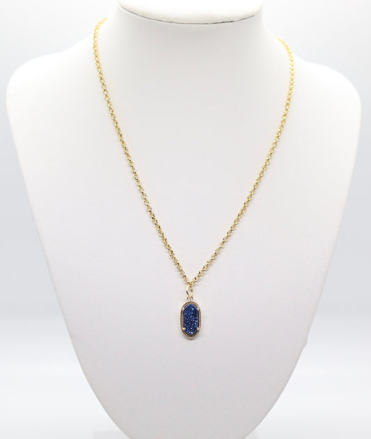 18 inch Gold Long Link Box Chain Necklace with Elongated Oval Blue Druzy Pendant