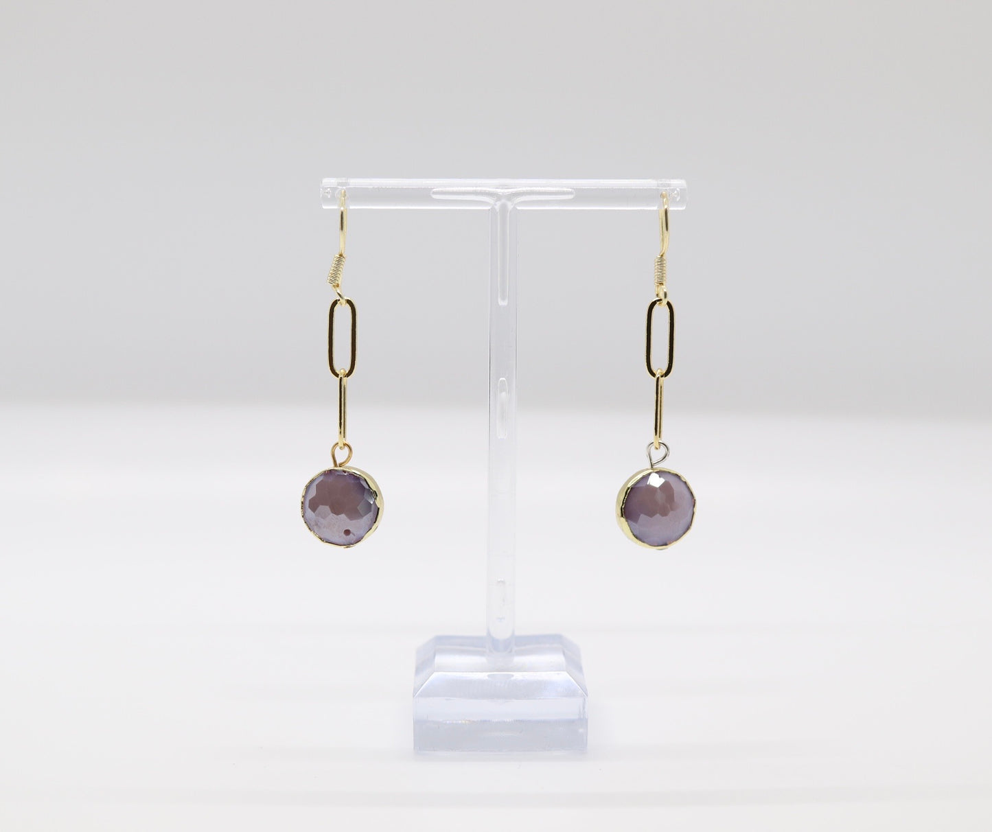 Gold Paperclip With Light Purple Stone Dangling Earrings