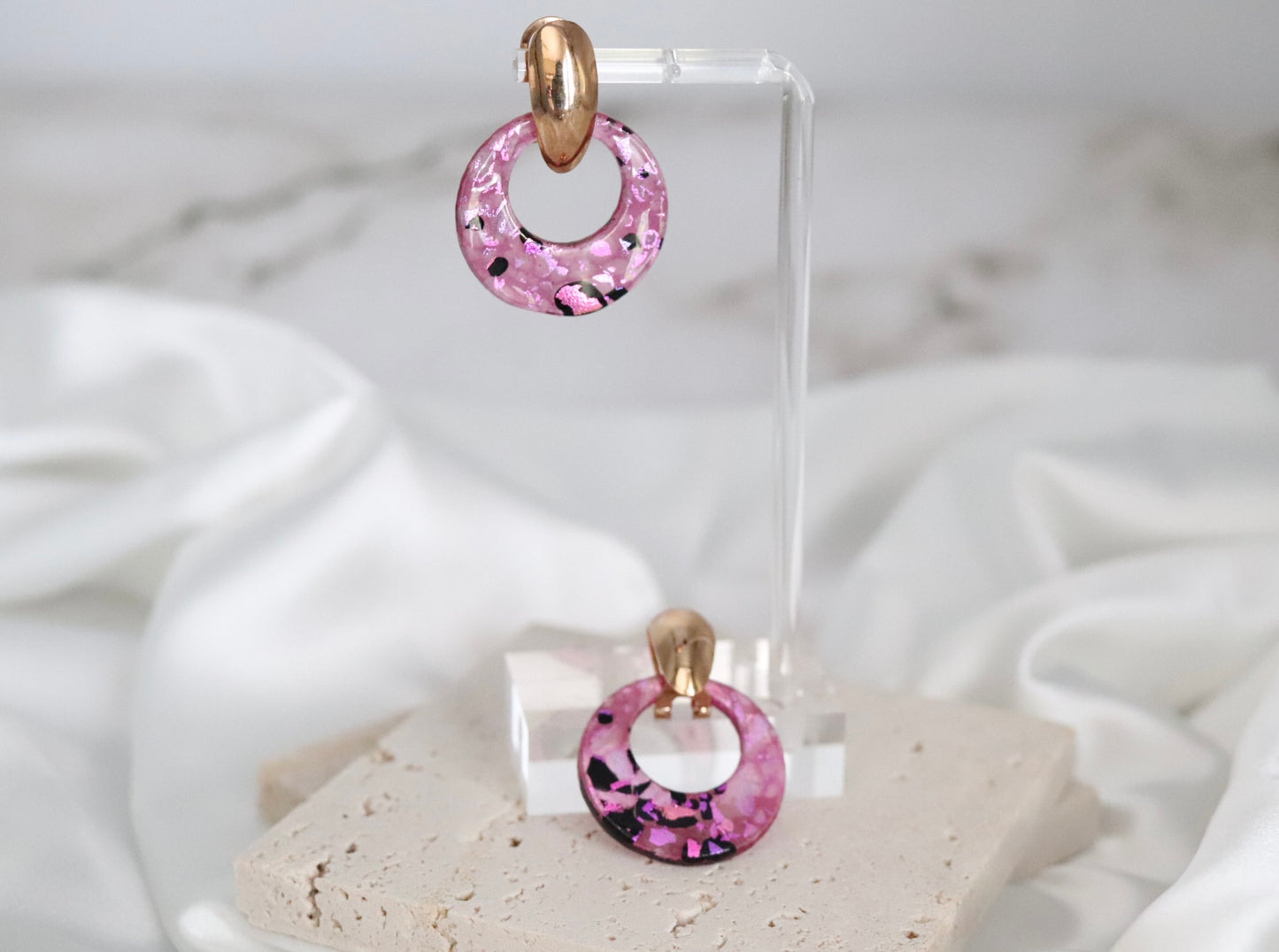 Glass Pink With Black Splattered Earrings