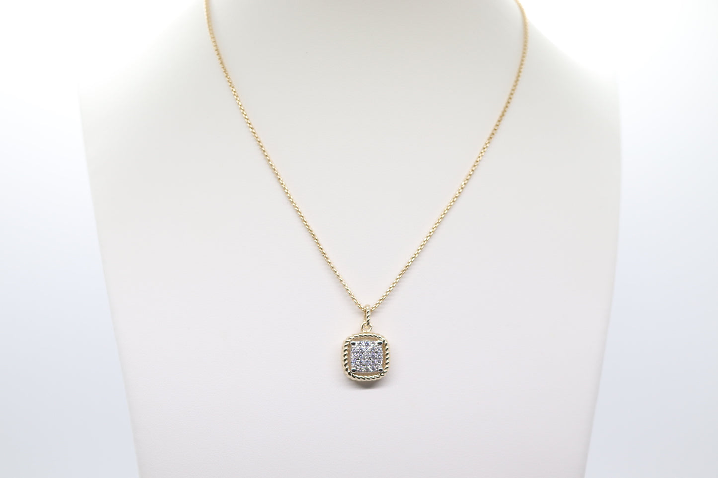 Gold Necklace with Square Rope Pendant and Center Cluster CZ