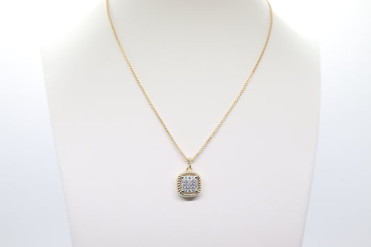 Gold Necklace with Square Rope Pendant and Center Cluster CZ