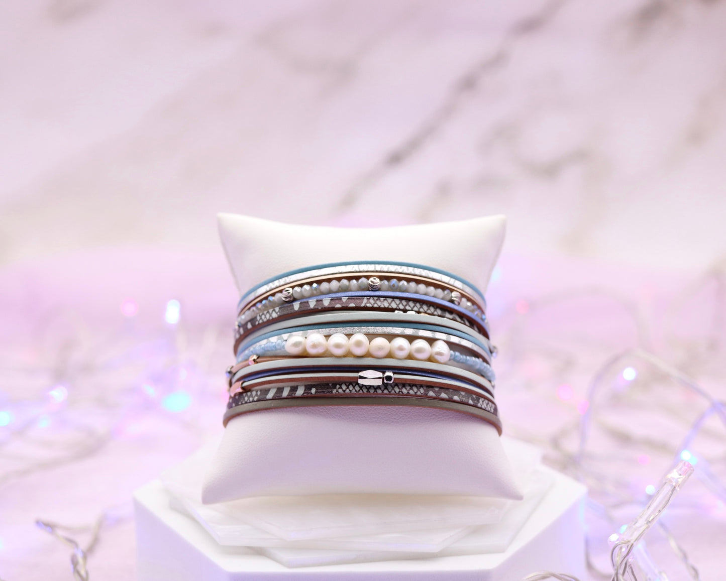 Silver Blue Pearl Texture Row Magnetic Bracelet