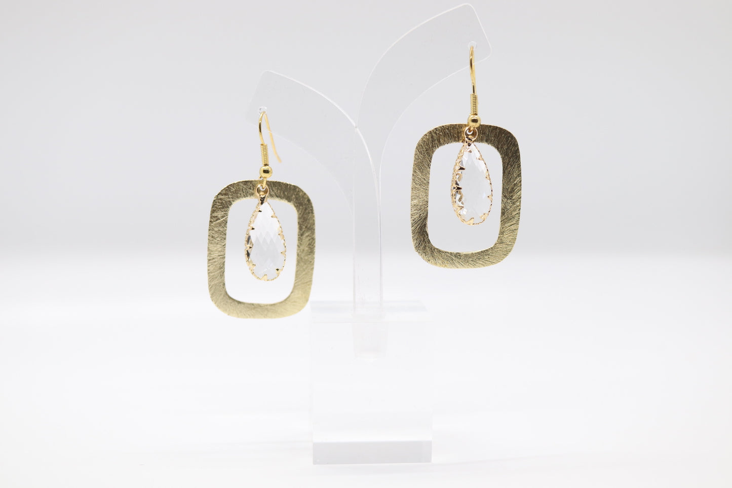 Gold Rectangular Earrings with Clear Center Stone