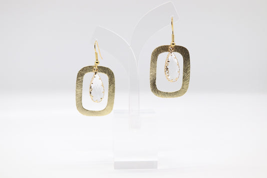 Gold Rectangular Earrings with Clear Center Stone
