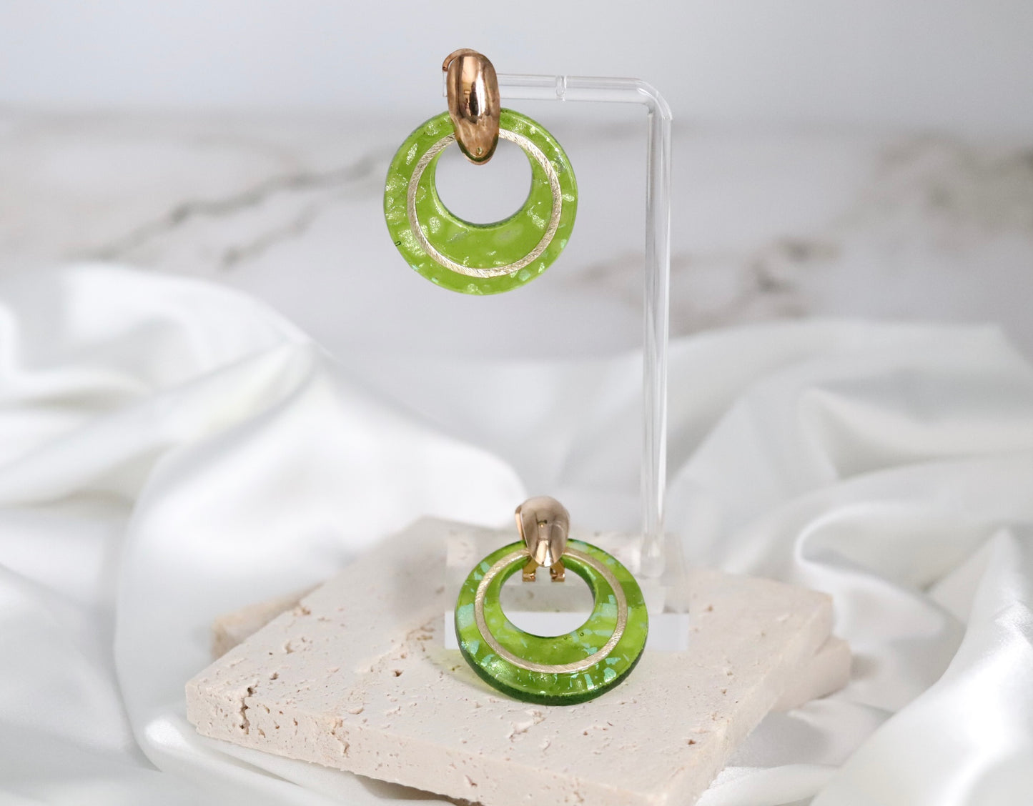 Glass Emerald Green, Gold Ring Circle With Silver Splattered Earrings