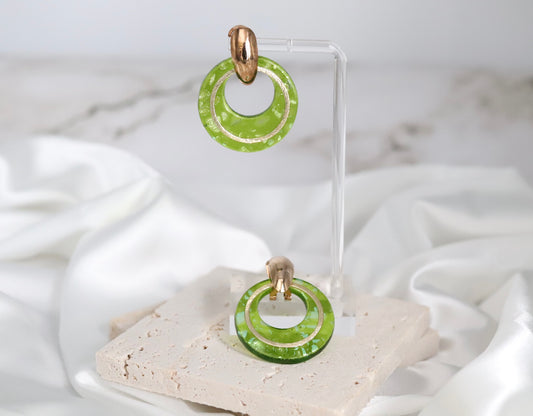 Glass Emerald Green, Gold Ring Circle With Silver Splattered Earrings