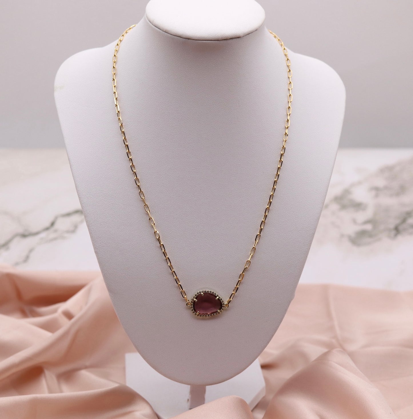 Gold Paperclip Chain Necklace with Mocha Pendant