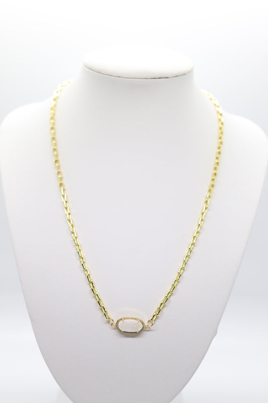 18 inch Gold Long Link Box Chain Necklace with Elongated Oval White Druzy Pendant