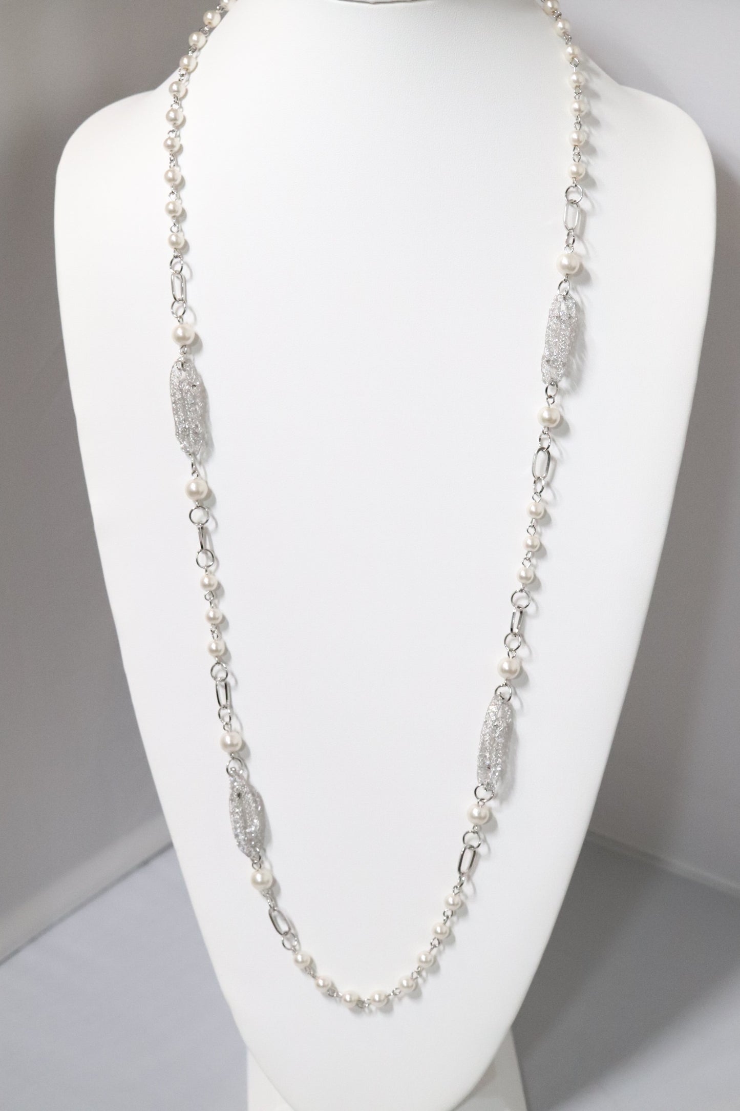 Silver Pearl Necklace with CZ Stations