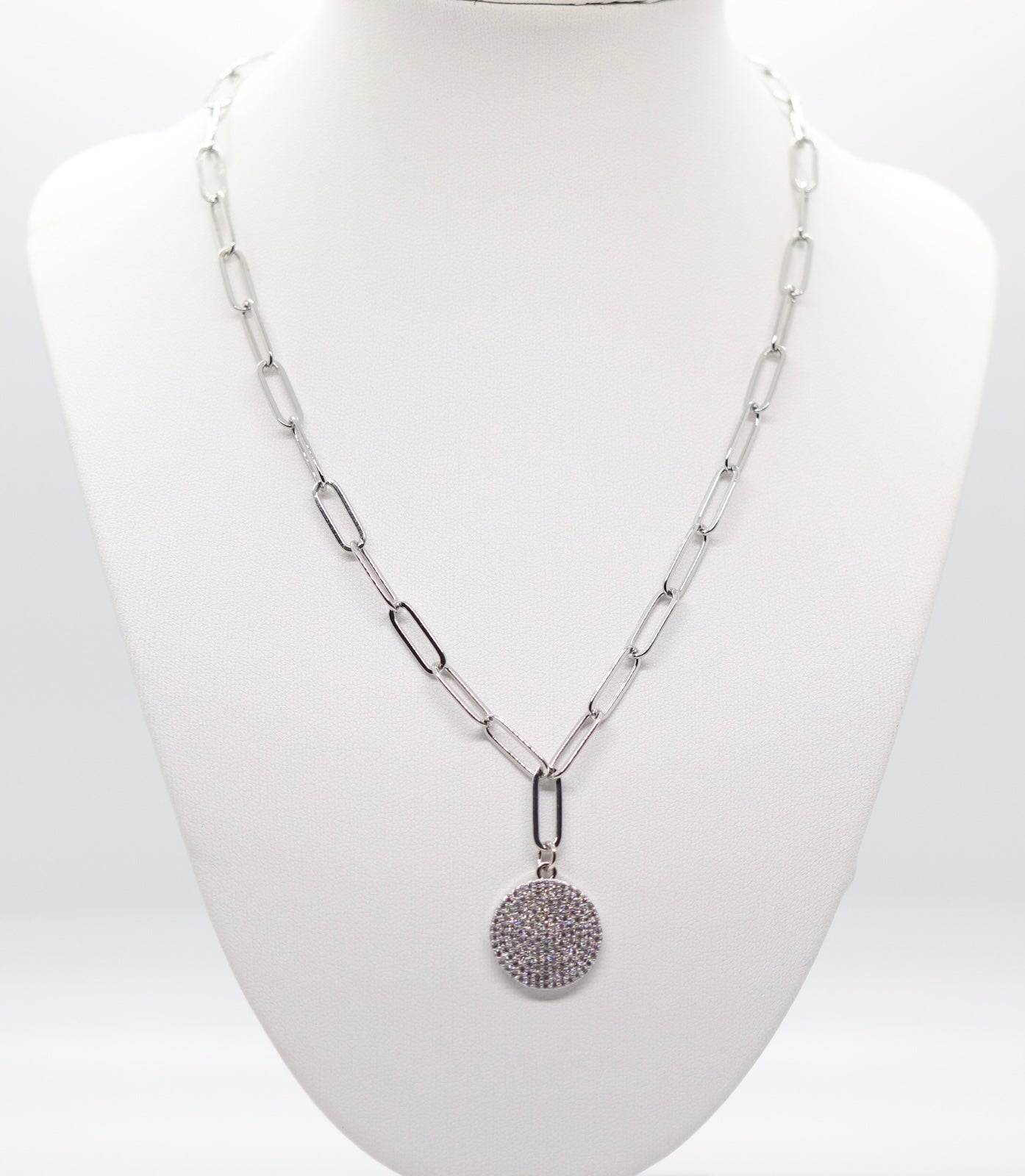 Silver 5.8mm Paperclip Chain with Druzy Round Silver Pendant