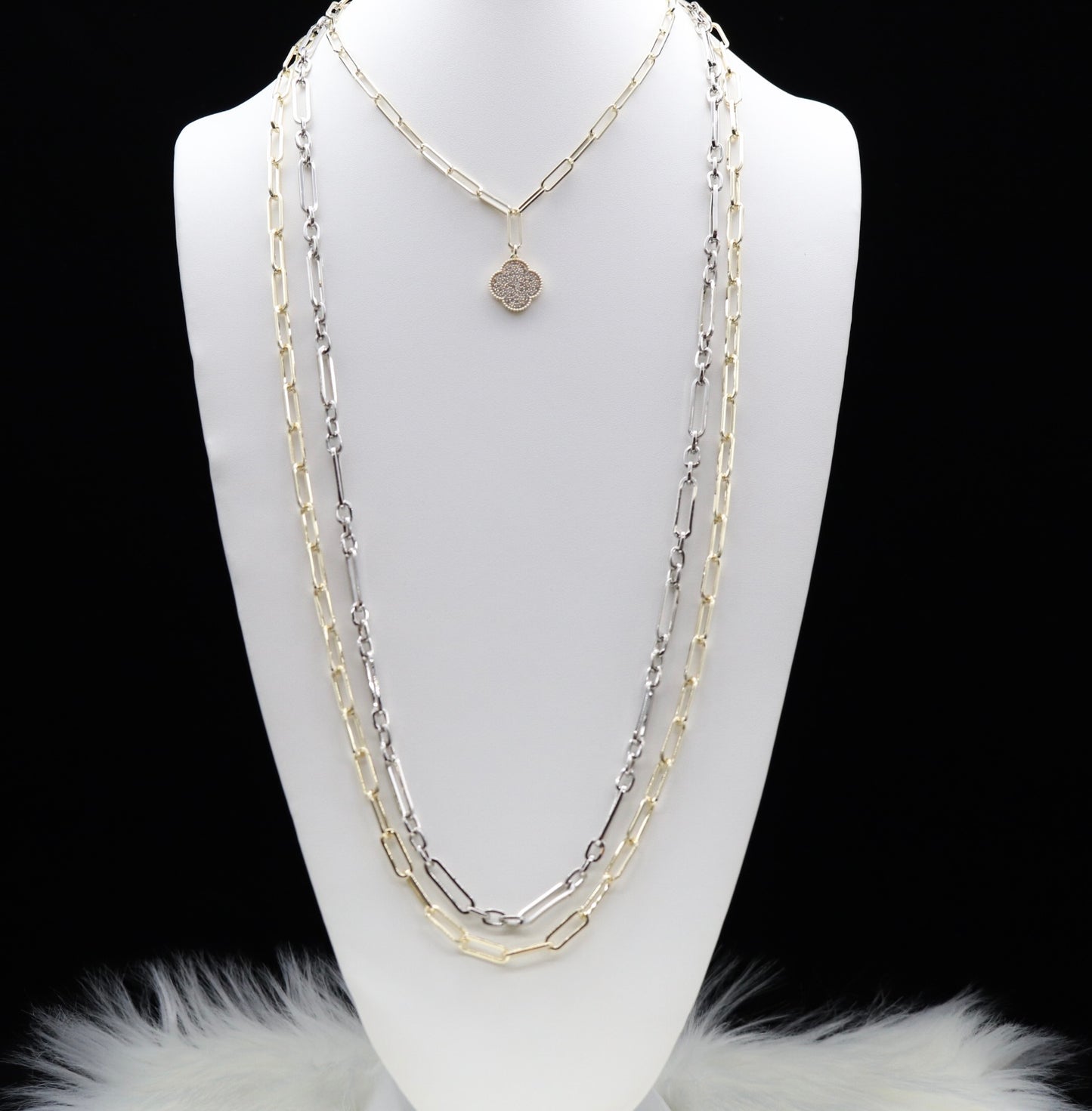 Silver and Gold Paperclip Necklace with Gold Paved Clover Pendant