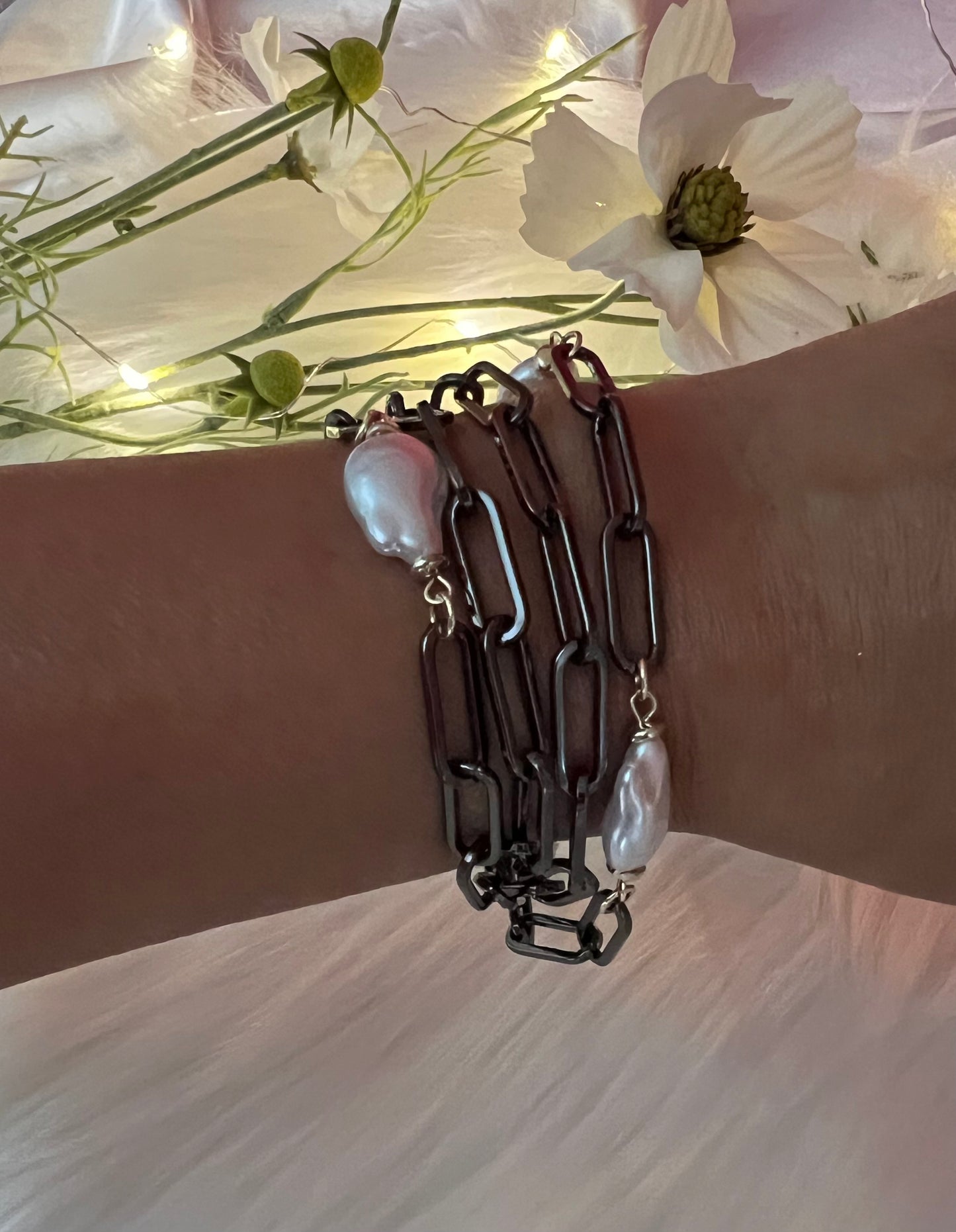 Triple Black Layered Paperclip Bracelet with Pearl Stations