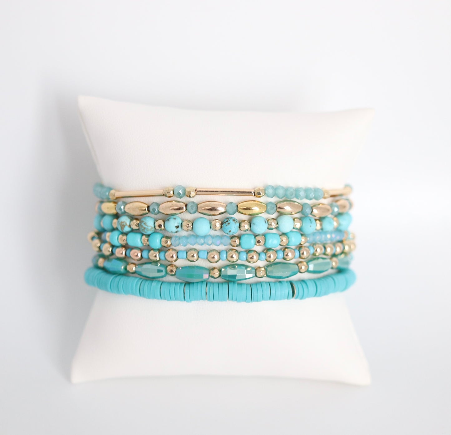 Gold Mixed Up Blue Beads 5 PC Bracelet Set