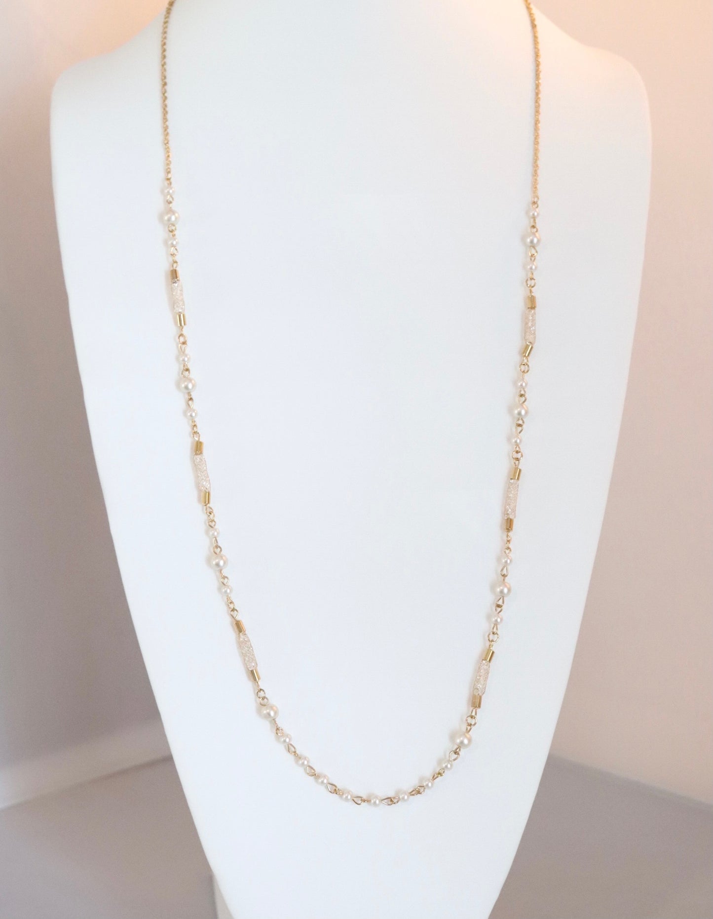 Exquisite Gold Long Necklace With Pearl Stations
