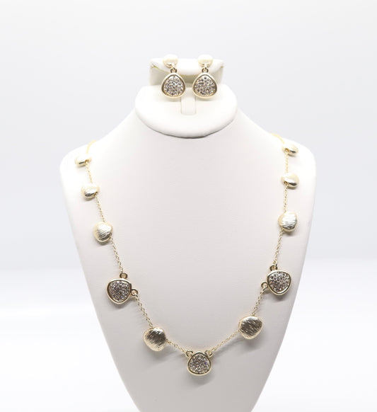 Gold Necklace with CZ Cluster and Gold Shell Stations with Matching Earrings