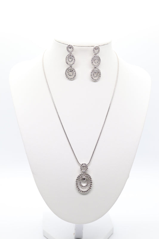 Beautiful Silver Necklace and Earrings set with Multi-Tiered CZ Cluster Pendant